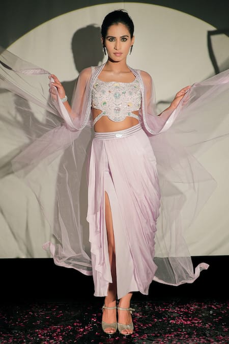 Jubinav Chadha Purple Georgette, Satin Sequin, Beads Waterfall Embroidered And Draped Skirt Set 