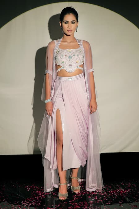Shop Jubinav Chadha Purple Georgette, Satin Sequin, Beads Waterfall Embroidered And Draped Skirt Set at Aza Fashions Shop_Jubinav Chadha_Purple Georgette, Satin Sequin, Beads Waterfall Embroidered And Draped Skirt Set _at_Aza_Fashions
