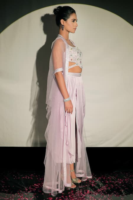Jubinav Chadha Purple Georgette, Satin Sequin, Beads Waterfall Embroidered And Draped Skirt Set Online at Aza Fashions Jubinav Chadha_Purple Georgette, Satin Sequin, Beads Waterfall Embroidered And Draped Skirt Set _Online_at_Aza_Fashions