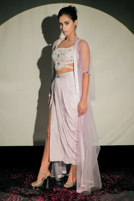 Buy Jubinav Chadha Purple Georgette, Satin Sequin, Beads Waterfall Embroidered And Draped Skirt Set Online at Aza Fashions Buy_Jubinav Chadha_Purple Georgette, Satin Sequin, Beads Waterfall Embroidered And Draped Skirt Set _Online_at_Aza_Fashions