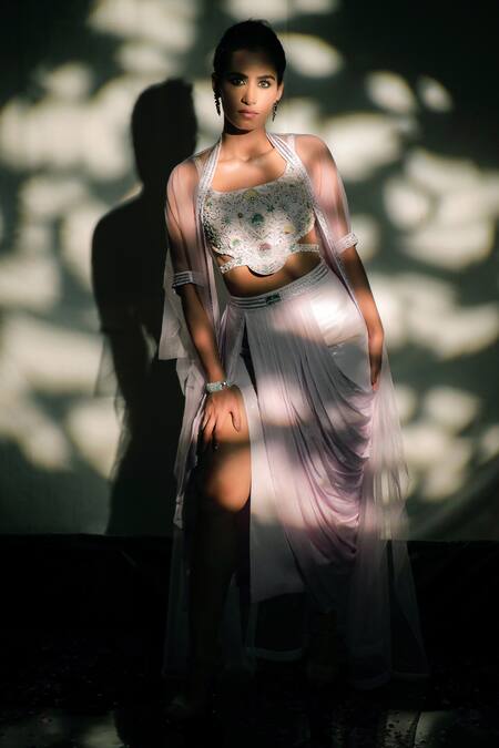 Shop Jubinav Chadha Purple Georgette, Satin Sequin, Beads Waterfall Embroidered And Draped Skirt Set Online at Aza Fashions Shop_Jubinav Chadha_Purple Georgette, Satin Sequin, Beads Waterfall Embroidered And Draped Skirt Set _Online_at_Aza_Fashions