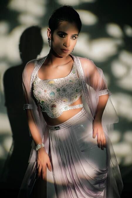 Jubinav Chadha Purple Georgette, Satin Sequin, Beads Waterfall Embroidered And Draped Skirt Set at Aza Fashions Jubinav Chadha_Purple Georgette, Satin Sequin, Beads Waterfall Embroidered And Draped Skirt Set _at_Aza_Fashions