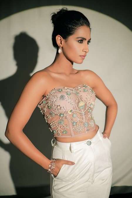 Buy Beige Tulle Embroidery Pearls Sweetheart Neck Floral Corset Top For  Women by Jubinav Chadha Online at Aza Fashions.