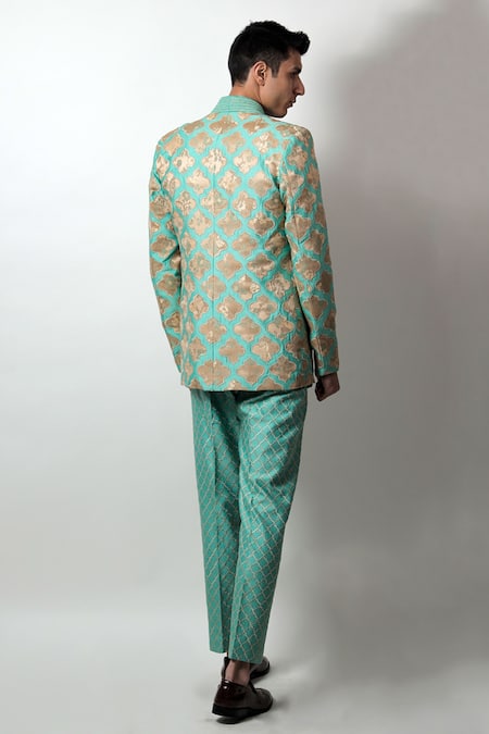 Shop Jubinav Chadha Green Cotton Jacquard, Silk Chanderi Kantha, Chord Work Jacket And Kurta Set at Aza Fashions Shop_Jubinav Chadha_Green Cotton Jacquard, Silk Chanderi Kantha, Chord Work Jacket And Kurta Set _at_Aza_Fashions
