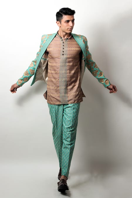 Jubinav Chadha Green Cotton Jacquard, Silk Chanderi Kantha, Chord Work Jacket And Kurta Set Online at Aza Fashions Jubinav Chadha_Green Cotton Jacquard, Silk Chanderi Kantha, Chord Work Jacket And Kurta Set _Online_at_Aza_Fashions