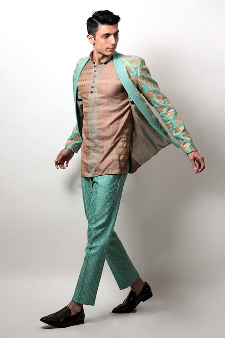 Buy Jubinav Chadha Green Cotton Jacquard, Silk Chanderi Kantha, Chord Work Jacket And Kurta Set Online at Aza Fashions Buy_Jubinav Chadha_Green Cotton Jacquard, Silk Chanderi Kantha, Chord Work Jacket And Kurta Set _Online_at_Aza_Fashions