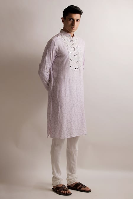 Jubinav Chadha_Purple Cotton Jacquard Gota, Mirror, Sequin Embroidered Work Kurta Set _Online_at_Aza_Fashions