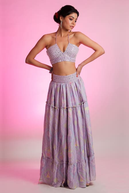 Jubinav Chadha Purple Silk Staple Printed Floral V Neck Skirt Set 