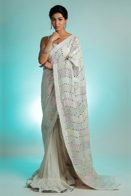 Jubinav Chadha_Multi Color Silk Chanderi Mirror Square Neck Pre-draped Saree Set _Online_at_Aza_Fashions