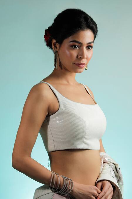 Buy_Jubinav Chadha_Multi Color Silk Chanderi Mirror Square Neck Pre-draped Saree Set _Online_at_Aza_Fashions