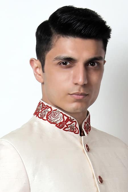 Jubinav Chadha_White Raw , Crushed Cotton, Staple Floral Motifs Keyur Sherwani _Online_at_Aza_Fashions