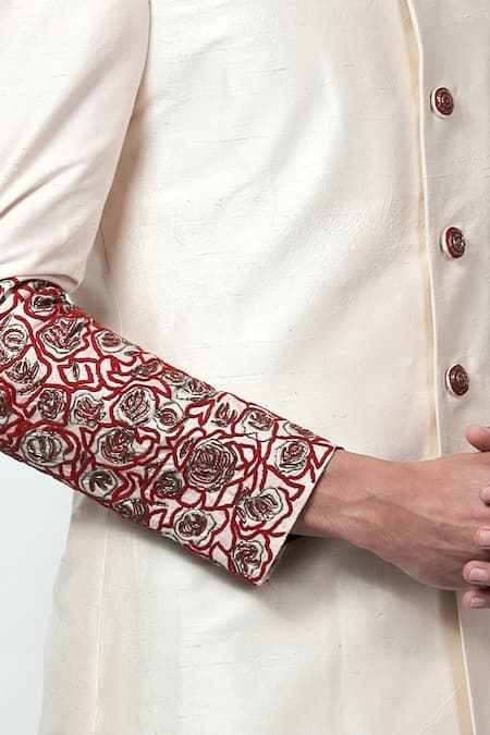 Buy_Jubinav Chadha_White Raw , Crushed Cotton, Staple Floral Motifs Keyur Sherwani _Online_at_Aza_Fashions