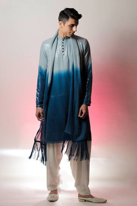 Jubinav Chadha_Blue Georgette Sequins Shyam Kurta Set _Online_at_Aza_Fashions