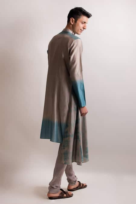 Shop_Jubinav Chadha_Blue Silk Chanderi Jamna Draped Kurta Set _at_Aza_Fashions