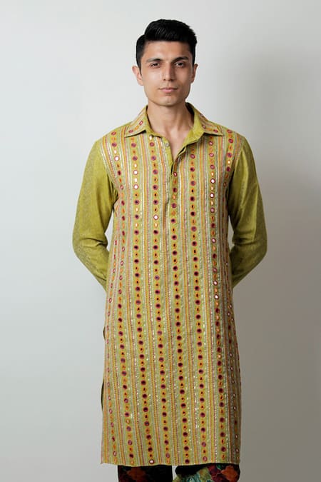 Buy_Jubinav Chadha_Green Jacquard Gota, Mirror Natkhat Embroidered Kurta _Online_at_Aza_Fashions