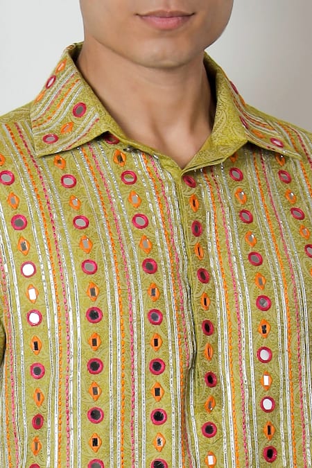 Jubinav Chadha_Green Jacquard Gota, Mirror Natkhat Embroidered Kurta _at_Aza_Fashions