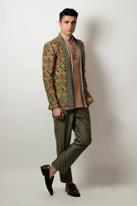 Jubinav Chadha_Green Jacquard, Silk Chanderi Dori Work Keev Jacket And Short Kurta Set _Online_at_Aza_Fashions
