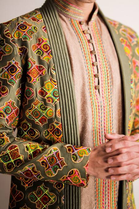 Buy_Jubinav Chadha_Green Jacquard, Silk Chanderi Dori Work Keev Jacket And Short Kurta Set _Online_at_Aza_Fashions