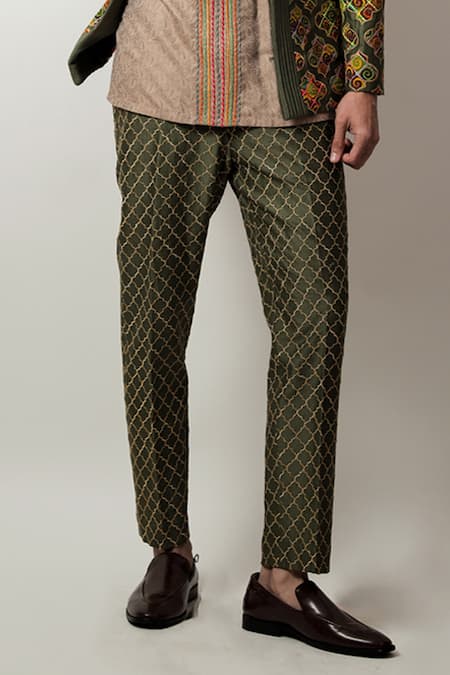 Shop_Jubinav Chadha_Green Jacquard, Silk Chanderi Dori Work Keev Jacket And Short Kurta Set _Online_at_Aza_Fashions