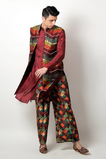 Jubinav Chadha_Maroon Raw , Staple Zari And Zardozi Brij Long Jacket & Kurta Set _Online_at_Aza_Fashions
