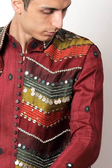 Buy_Jubinav Chadha_Maroon Raw , Staple Zari And Zardozi Brij Long Jacket & Kurta Set _Online_at_Aza_Fashions