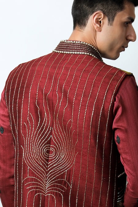 Shop_Jubinav Chadha_Maroon Raw , Staple Zari And Zardozi Brij Long Jacket & Kurta Set _Online_at_Aza_Fashions