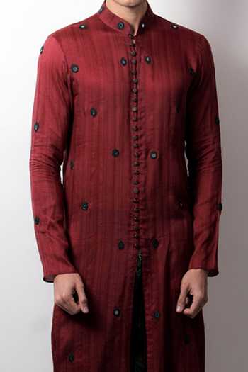 Buy_Jubinav Chadha_Maroon Raw Silk French Knots, Mirror Brij Hand Embroidered Kurta _Online_at_Aza_Fashions