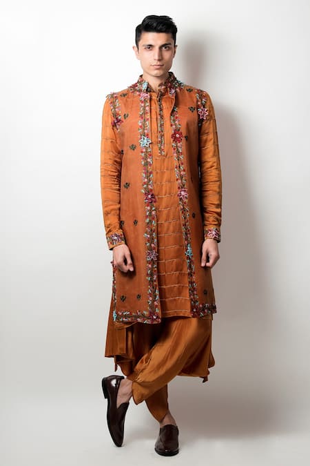 Jubinav Chadha Yellow Silk Organza Embroidered Floral Motifs Phalgun Jacket And Kurta Set 