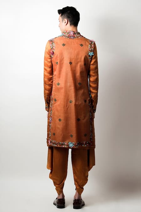 Shop_Jubinav Chadha_Yellow Silk Organza Embroidered Floral Motifs Phalgun Jacket And Kurta Set _at_Aza_Fashions