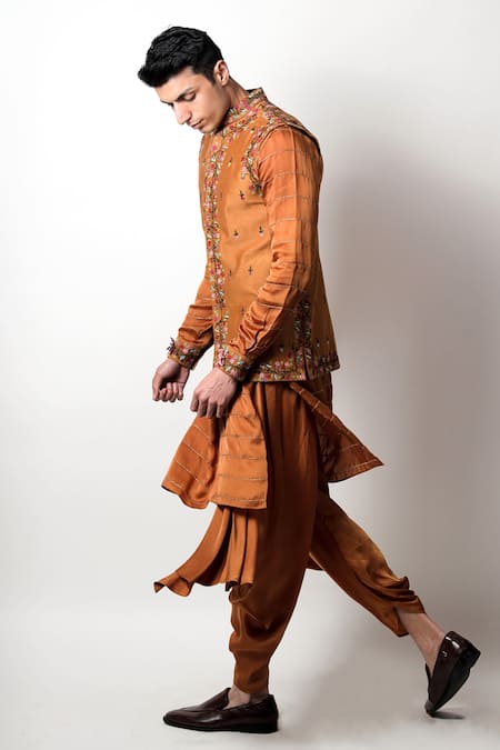 Jubinav Chadha_Yellow Silk Chanderi Floral Motifs Phalgun Nehru Jacket _Online_at_Aza_Fashions