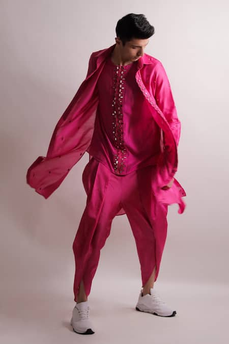 Jubinav Chadha_Pink Silk Chanderi Mirror Work Nihaar Kurta And Dhoti Pant Set _Online_at_Aza_Fashions