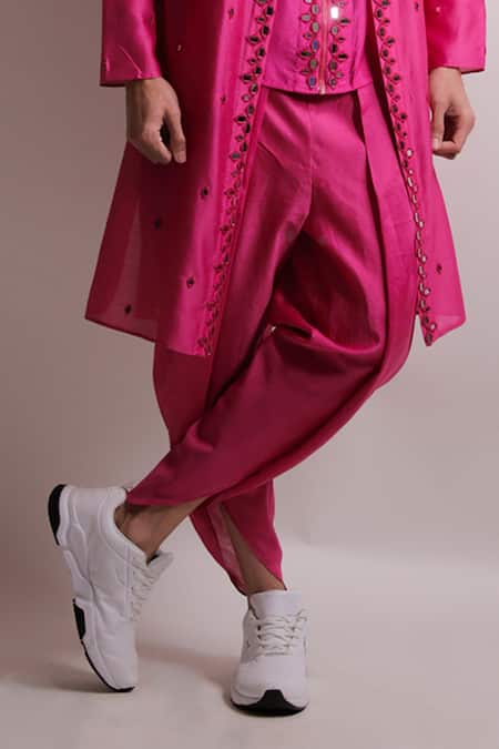 Shop_Jubinav Chadha_Pink Silk Chanderi Mirror Work Nihaar Kurta And Dhoti Pant Set _Online_at_Aza_Fashions