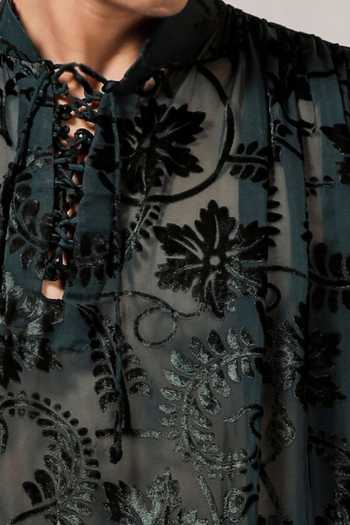 Jubinav Chadha_Green Velvet Georgette Floral Motifs Albela Bishop Sleeve Kurta _Online_at_Aza_Fashions