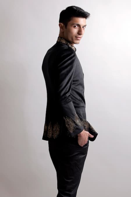 Jubinav Chadha_Black 100 Counts Exotic Blend Suiting Fabric, Saarang Bandhgala And Pant Set _Online_at_Aza_Fashions