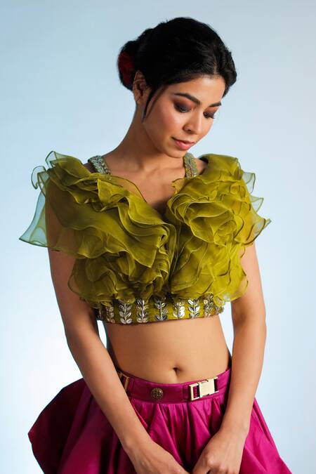 Jubinav Chadha Green Silk Organza, Dupion Dabka, Zardozi V Neck Ayana Ruffle Top Online at Aza Fashions Jubinav Chadha_Green Silk Organza, Dupion Dabka, Zardozi V Neck Ayana Ruffle Top _Online_at_Aza_Fashions