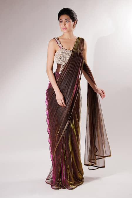 Buy Grey Tulle Embroidery Round Pre-draped Saree Gown For Women by Monisha  Jaising Online at Aza Fashions.