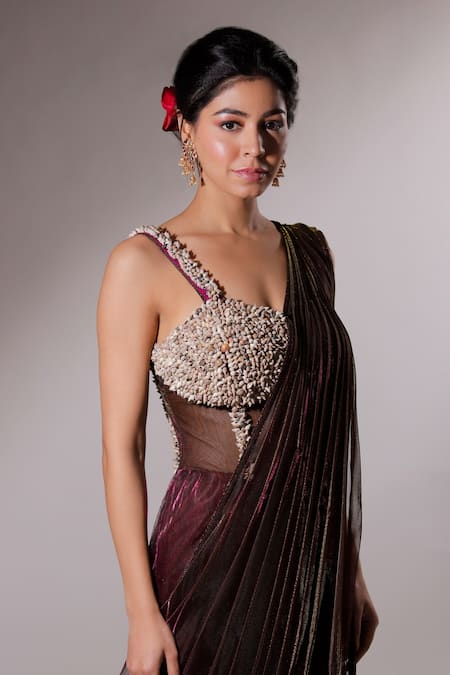 Jubinav Chadha_Purple Net Sea Shells Scoop Neck Kisori Embroidered Saree Gown _Online_at_Aza_Fashions