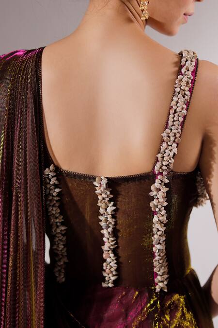 Shop_Jubinav Chadha_Purple Net Sea Shells Scoop Neck Kisori Embroidered Saree Gown _Online_at_Aza_Fashions