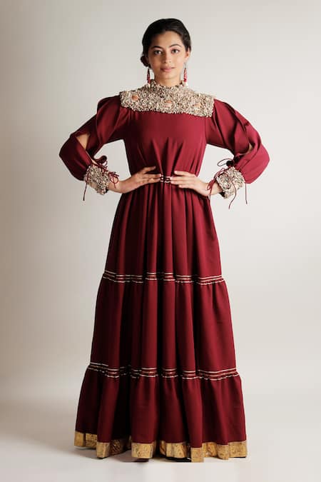 Jubinav Chadha Red Banana Crepe Sea Shells High Neck Eka Embroidered Tunic 