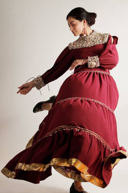 Shop Jubinav Chadha Red Banana Crepe Sea Shells High Neck Eka Embroidered Tunic at Aza Fashions Shop_Jubinav Chadha_Red Banana Crepe Sea Shells High Neck Eka Embroidered Tunic _at_Aza_Fashions