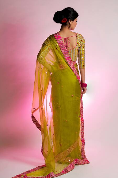 Shop Jubinav Chadha Green Bamberg Satin, Pure Silk Organza Mirror, Kantha Vihari Embroidered Saree at Aza Fashions Shop_Jubinav Chadha_Green Bamberg Satin, Pure Silk Organza Mirror, Kantha Vihari Embroidered Saree _at_Aza_Fashions
