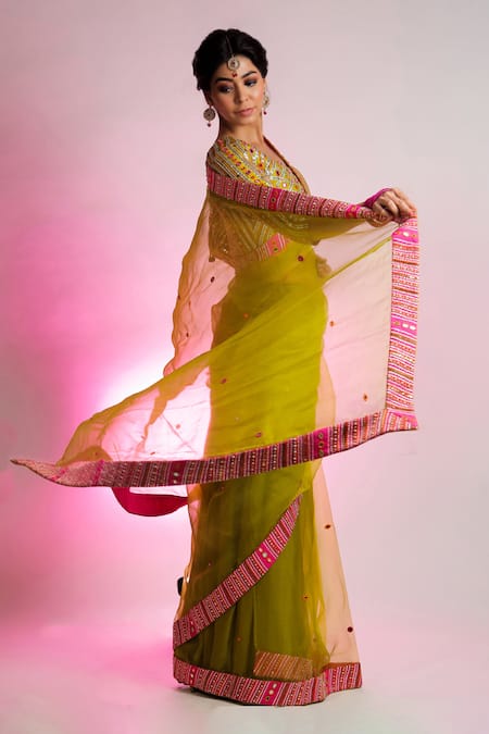 Jubinav Chadha Green Bamberg Satin, Pure Silk Organza Mirror, Kantha Vihari Embroidered Saree Online at Aza Fashions Jubinav Chadha_Green Bamberg Satin, Pure Silk Organza Mirror, Kantha Vihari Embroidered Saree _Online_at_Aza_Fashions