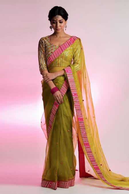 Jubinav Chadha Green Silk Chanderi Mirror And Kantha V Neck Vihari Embroidered Blouse 