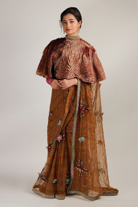 Jubinav Chadha Multi Color Silk Chanderi Mandarin Collar Prakriti Frill Cape 