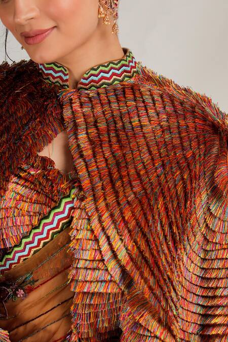 Jubinav Chadha Multi Color Silk Chanderi Mandarin Collar Prakriti Frill Cape Online at Aza Fashions Jubinav Chadha_Multi Color Silk Chanderi Mandarin Collar Prakriti Frill Cape _Online_at_Aza_Fashions