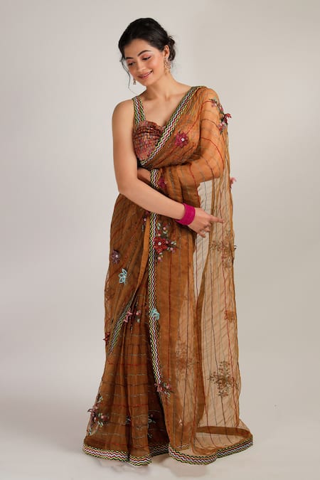 Jubinav Chadha Multi Color Silk Chanderi Sweetheart Neck Prakriti Frill Bralette 