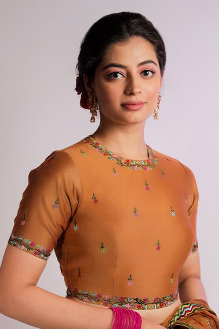 Shop Jubinav Chadha Yellow Silk Chanderi Floral Motifs Round Prakriti Embroidered Blouse at Aza Fashions Shop_Jubinav Chadha_Yellow Silk Chanderi Floral Motifs Round Prakriti Embroidered Blouse _at_Aza_Fashions