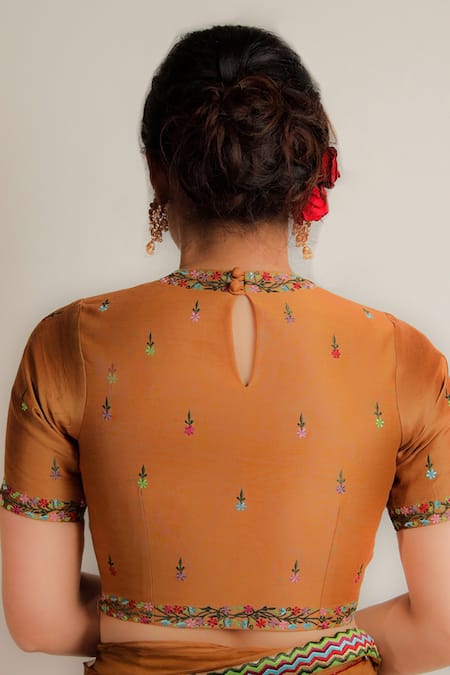 Jubinav Chadha Yellow Silk Chanderi Floral Motifs Round Prakriti Embroidered Blouse Online at Aza Fashions Jubinav Chadha_Yellow Silk Chanderi Floral Motifs Round Prakriti Embroidered Blouse _Online_at_Aza_Fashions
