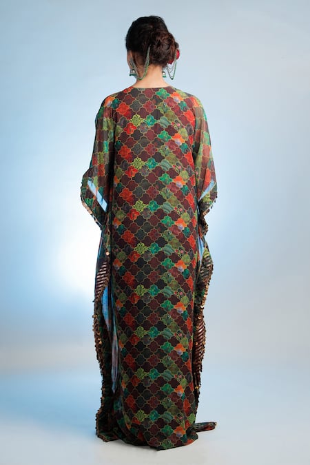 Shop Jubinav Chadha Multi Color Georgette Notched Raasika Printed Kaftan at Aza Fashions Shop_Jubinav Chadha_Multi Color Georgette Notched Raasika Printed Kaftan _at_Aza_Fashions
