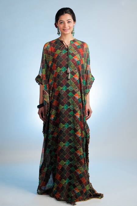 Jubinav Chadha Multi Color Georgette Notched Raasika Printed Kaftan Online at Aza Fashions Jubinav Chadha_Multi Color Georgette Notched Raasika Printed Kaftan _Online_at_Aza_Fashions